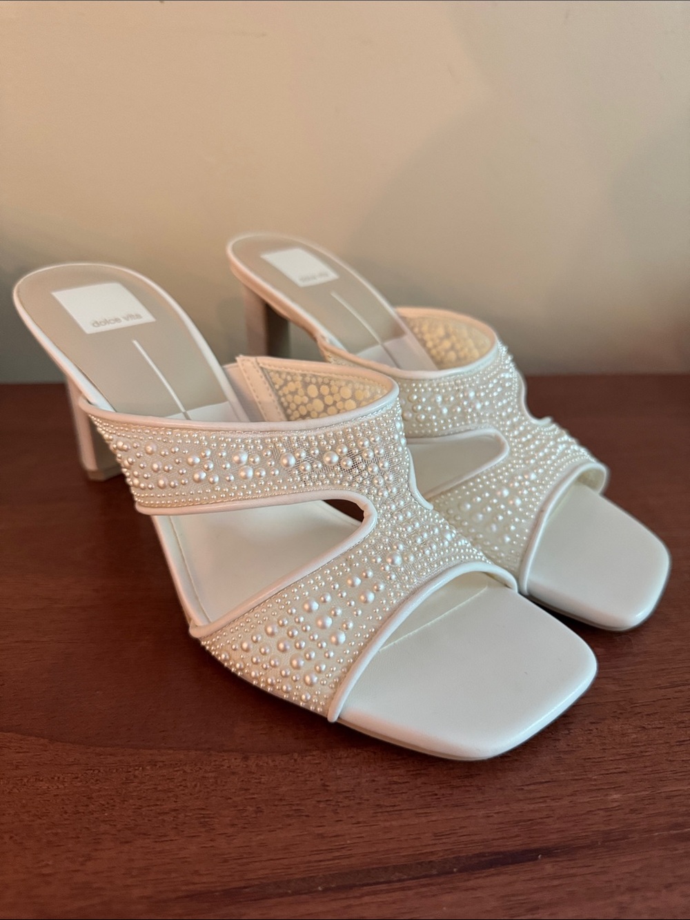 Dolce Vita Gitel Pearl Embellished Mesh Block Heel Sandals | Size 10 | Vanilla |